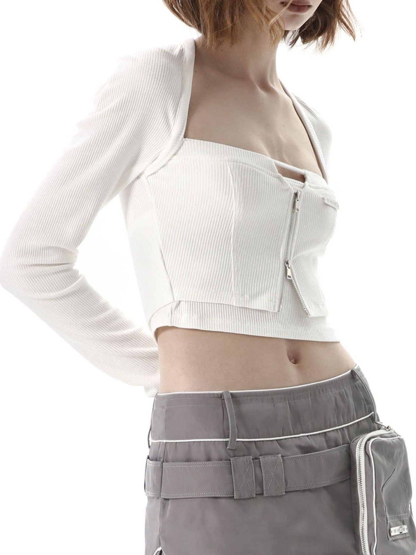 ANYQUESTION Black White Cutout Zipper Halter Knit Faux Layered Women&
