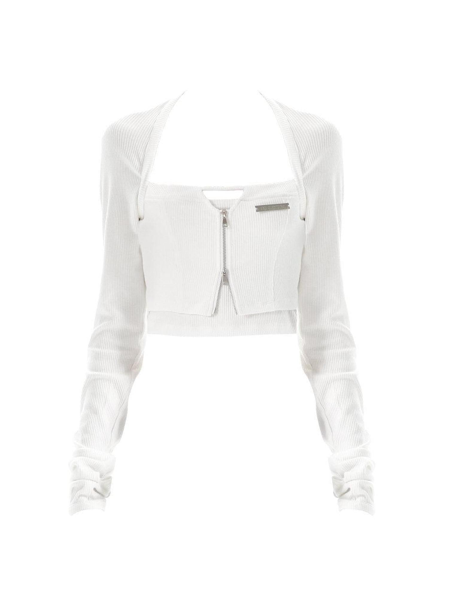 ANYQUESTION Black White Cutout Zipper Halter Knit Faux Layered Women&