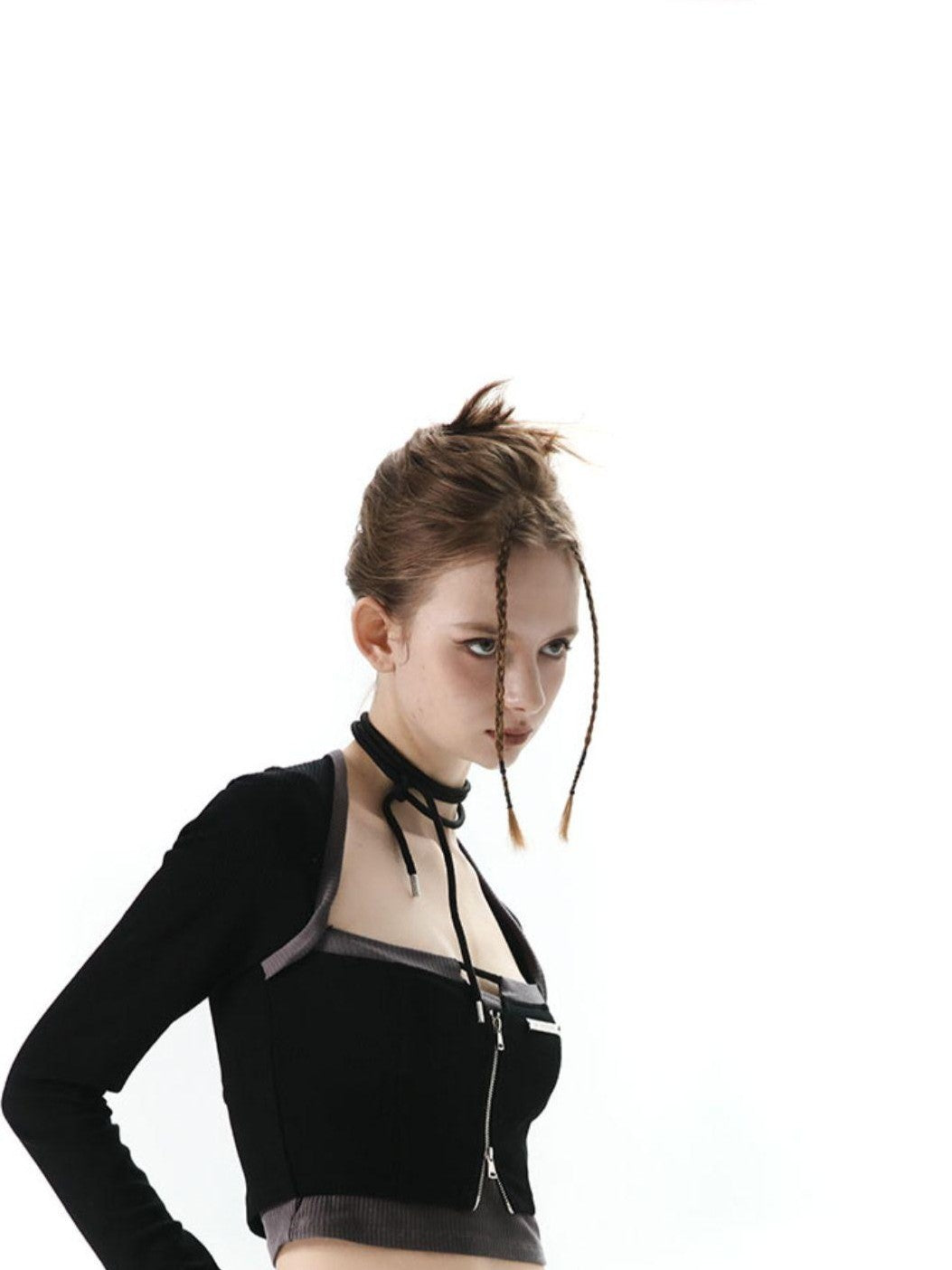 ANYQUESTION Black White Cutout Zipper Halter Knit Faux Layered Women&