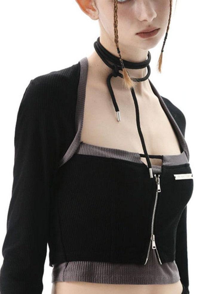 ANYQUESTION Black White Cutout Zipper Halter Knit Faux Layered Women&