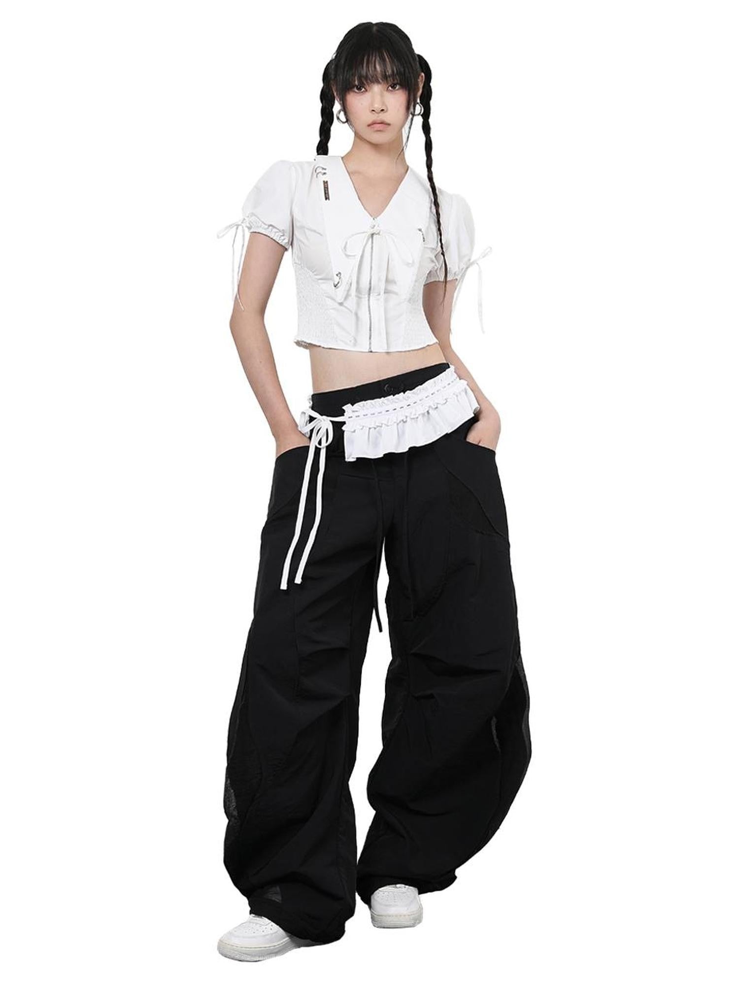 ANYQUESTION Black White Deconstructed Mesh Cargo Women&