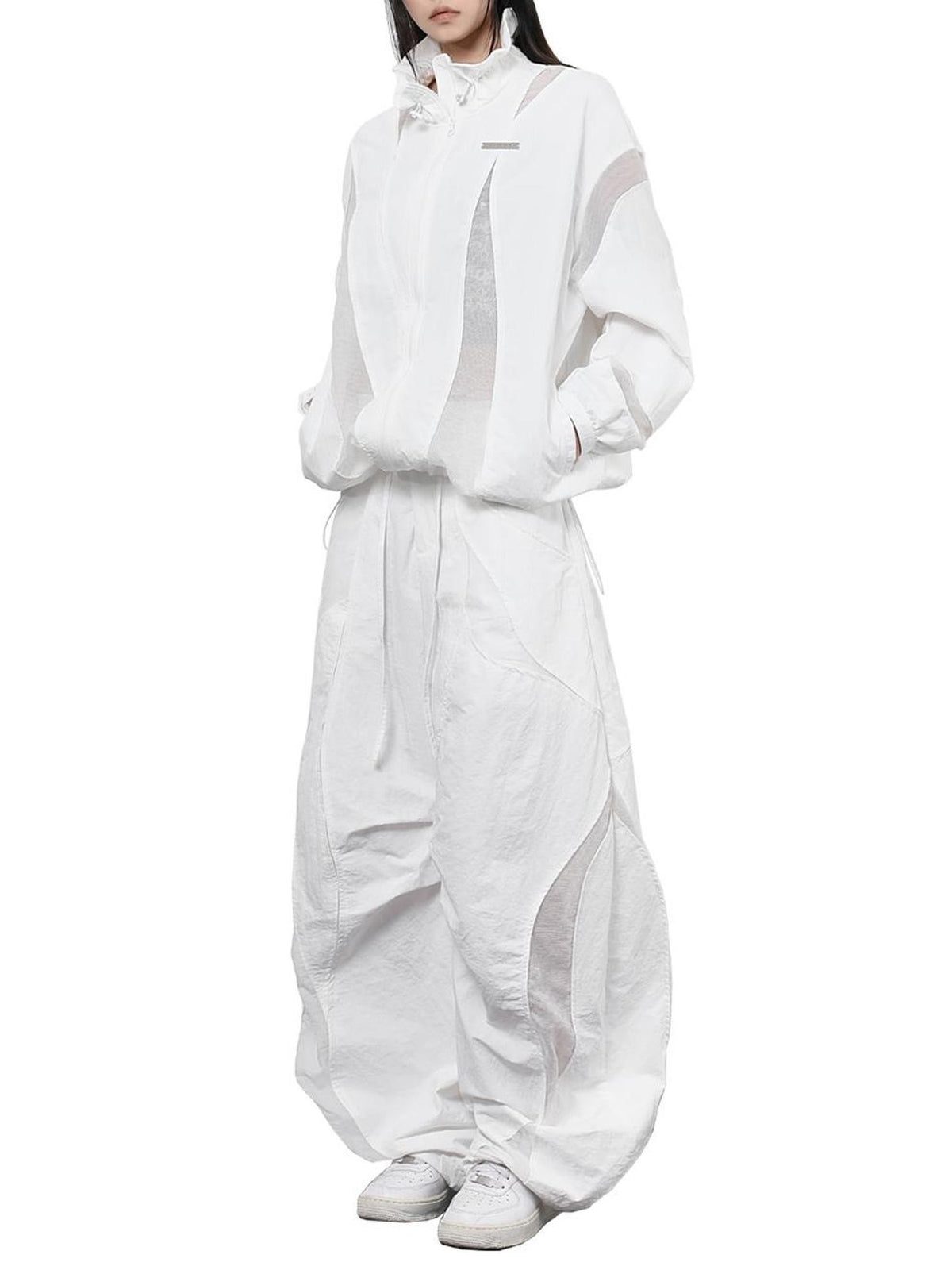 ANYQUESTION Black White Deconstructed Mesh Cargo Women&