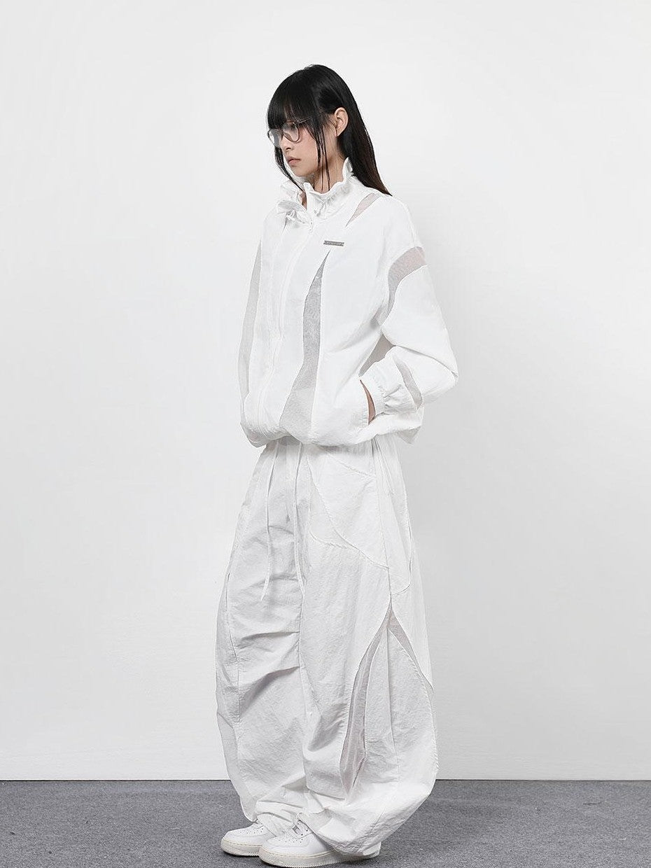 ANYQUESTION Black White Deconstructed Mesh Cargo Women&