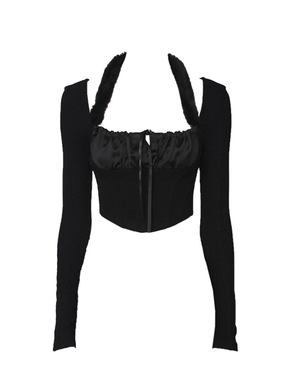ANYQUESTION_Black_White_Detachable_Fur_Tie_Knit_Halter_Women&