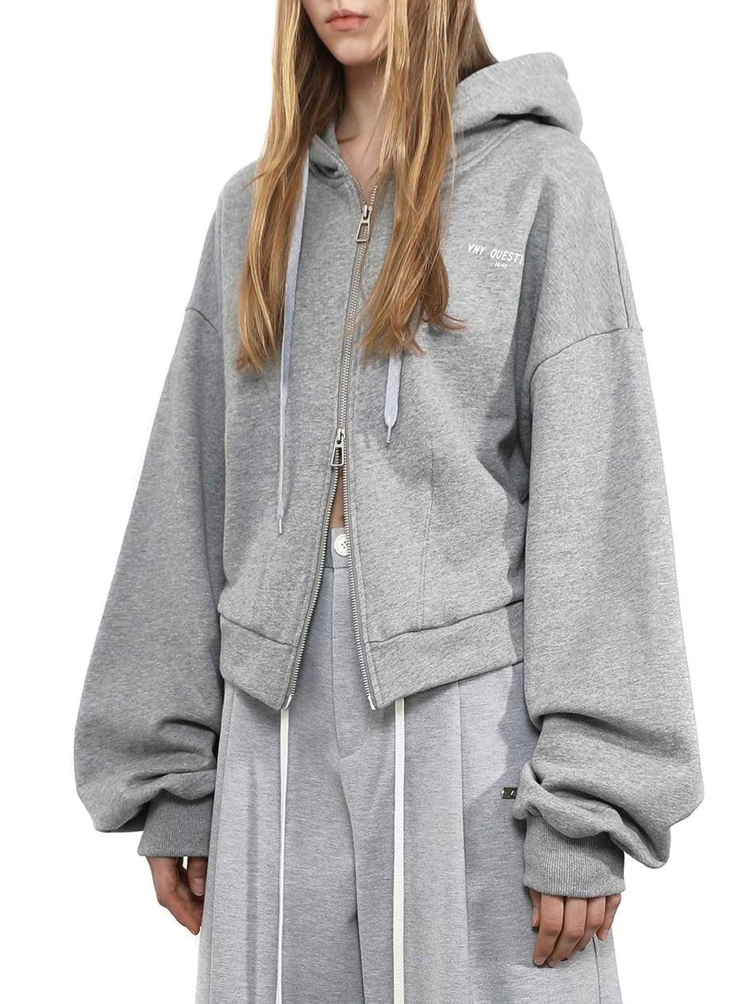ANYQUESTION Black White Gray Solid Hooded Zip Loose Fit Street Women&
