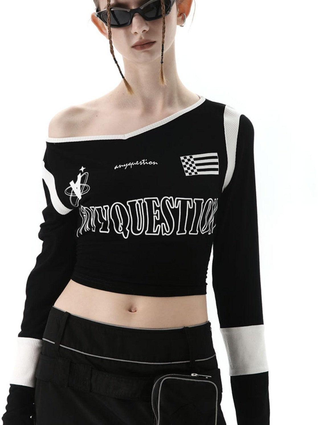 ANYQUESTION Black White Letter Print Back Tie V-neck Women&