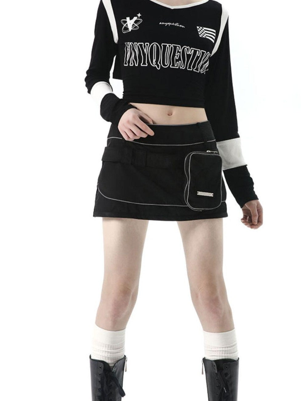 ANYQUESTION Black White Letter Print Back Tie V-neck Women&