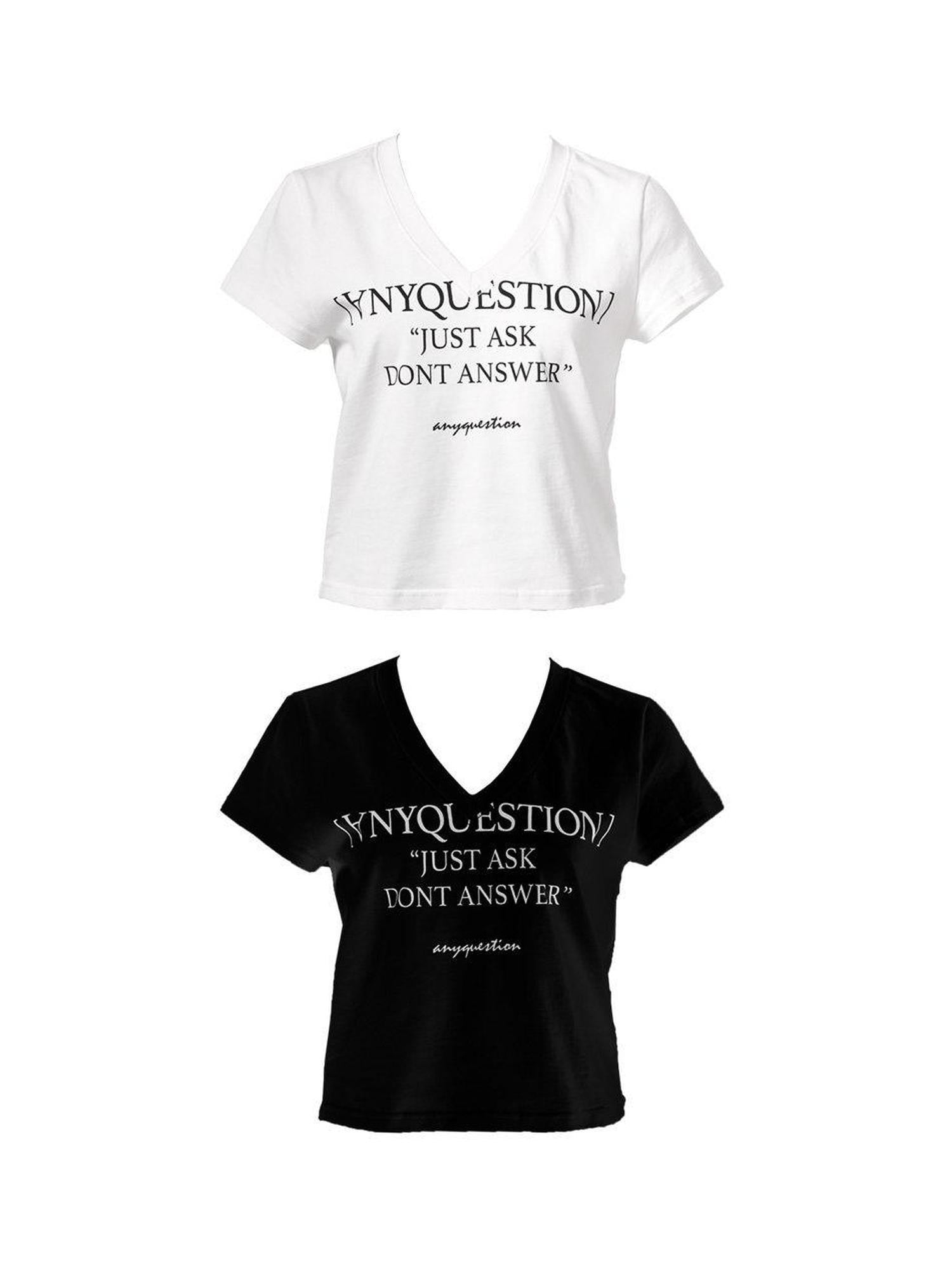 ANYQUESTION Black White Letter Print V-neck Slim Women&