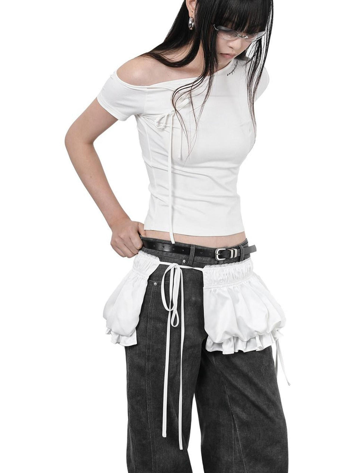 ANYQUESTION Black White Ruched Lace Tie Adjustable Waist Tulip Women&