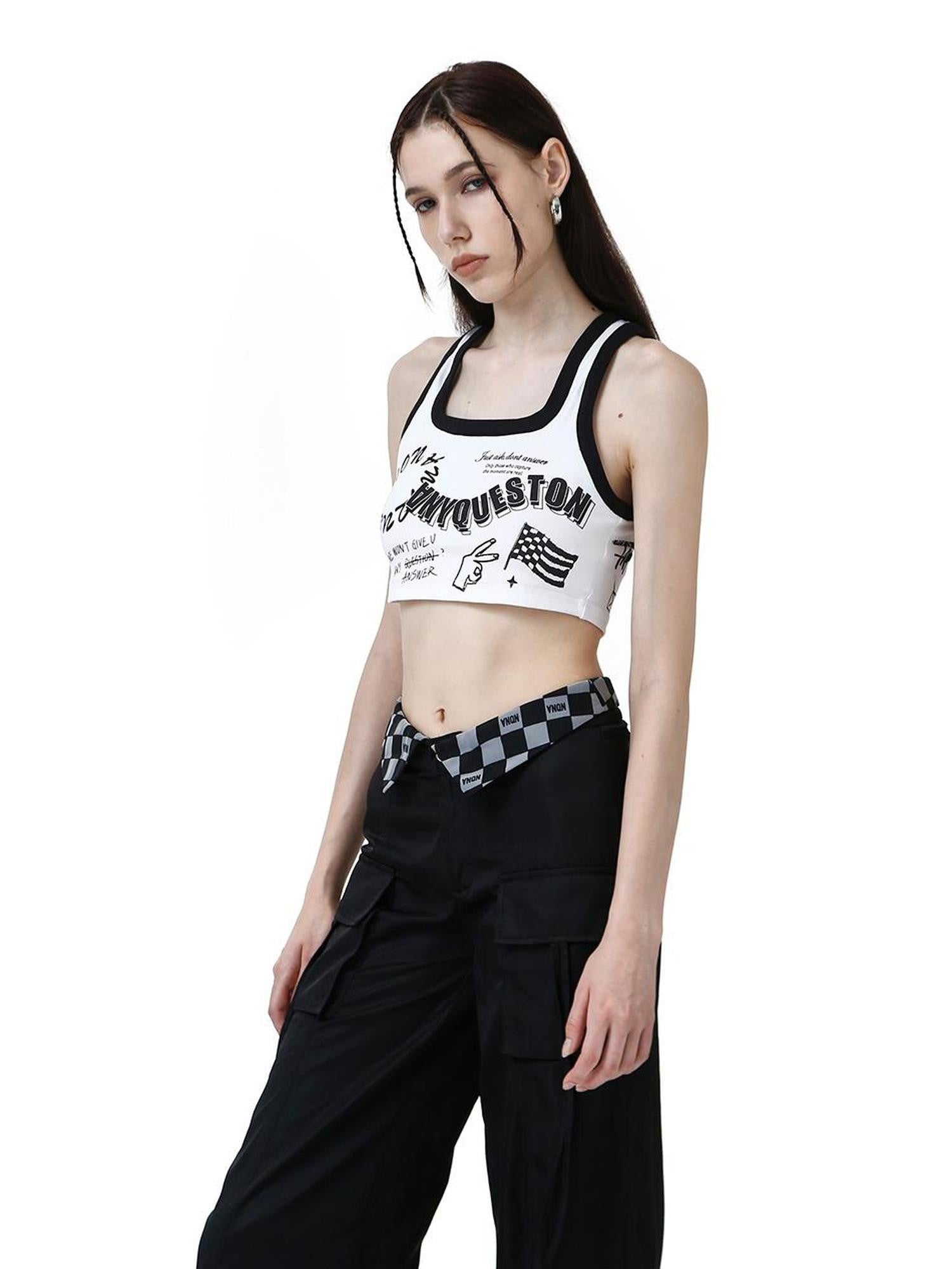 ANYQUESTION Black White Trim Allover Graffiti Letter Square Neck Women&