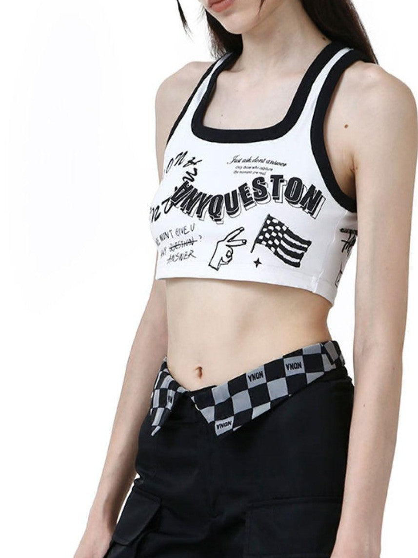 ANYQUESTION Black White Trim Allover Graffiti Letter Square Neck Women&