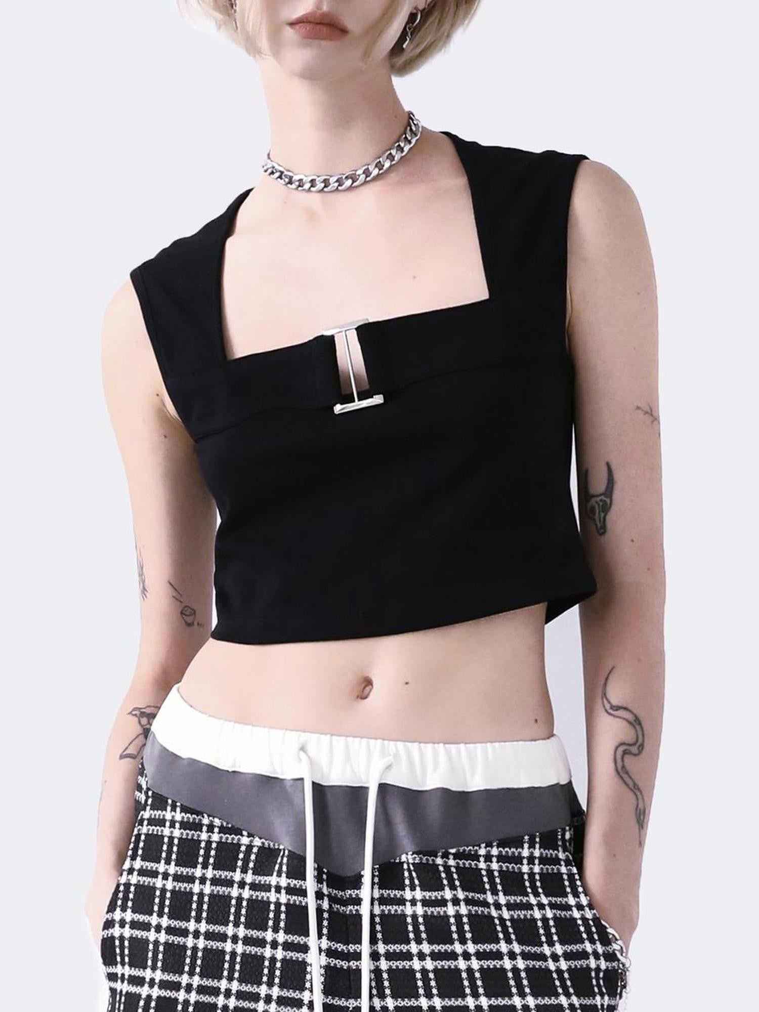 Black White Two Tone Metal Buckle Straight Neck Women&