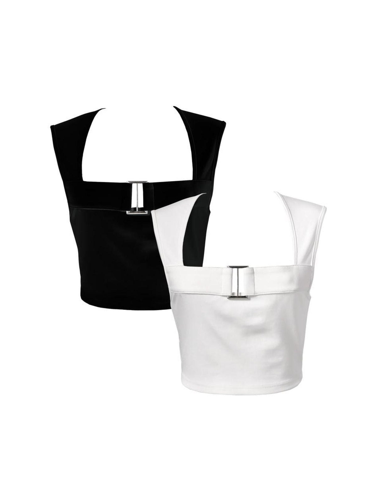 Black White Two Tone Metal Buckle Straight Neck Women&