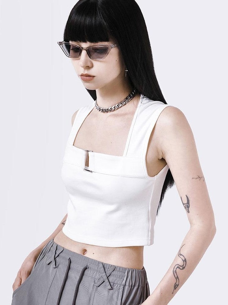 Black White Two Tone Metal Buckle Straight Neck Women&