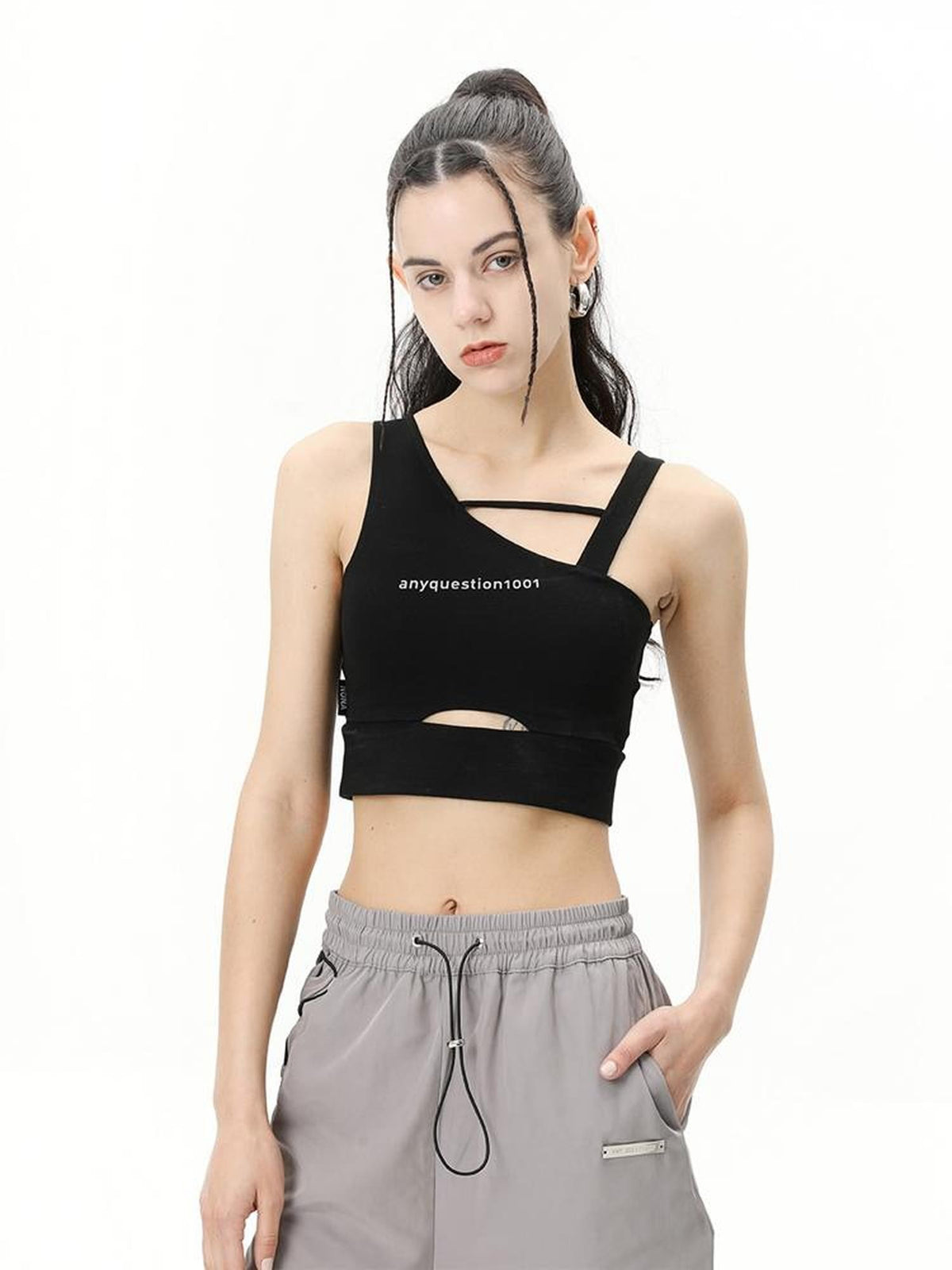 ANYQUESTION Black White Utility Workwear Letter Print Asymmetrical Women&