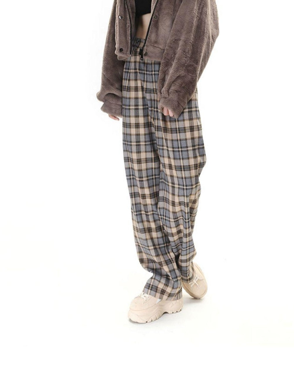 Camel Plaid High Waist Streetwear Tailored Women&