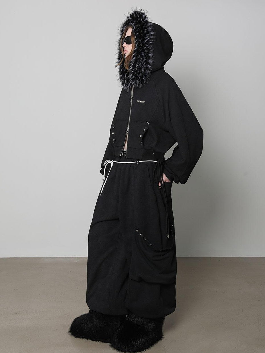 ANYQUESTION Charcoal Washed Studded Detachable Fur Hooded Zip Women&
