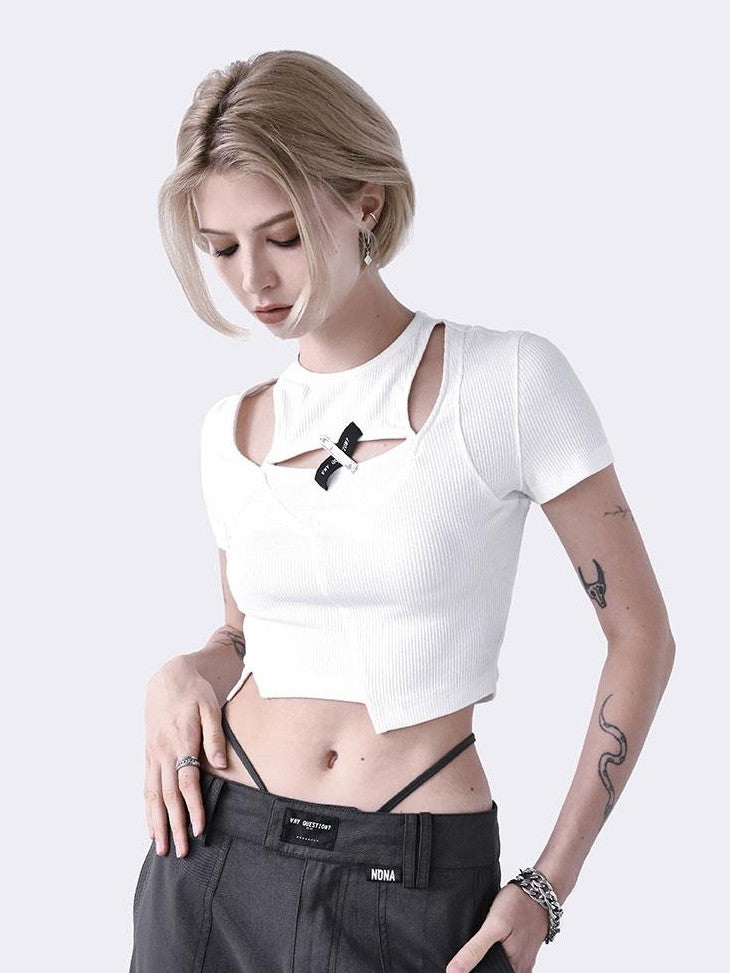 ANYQUESTION Cutout Asymmetrical Ribbed Cross Faux Layered Women&