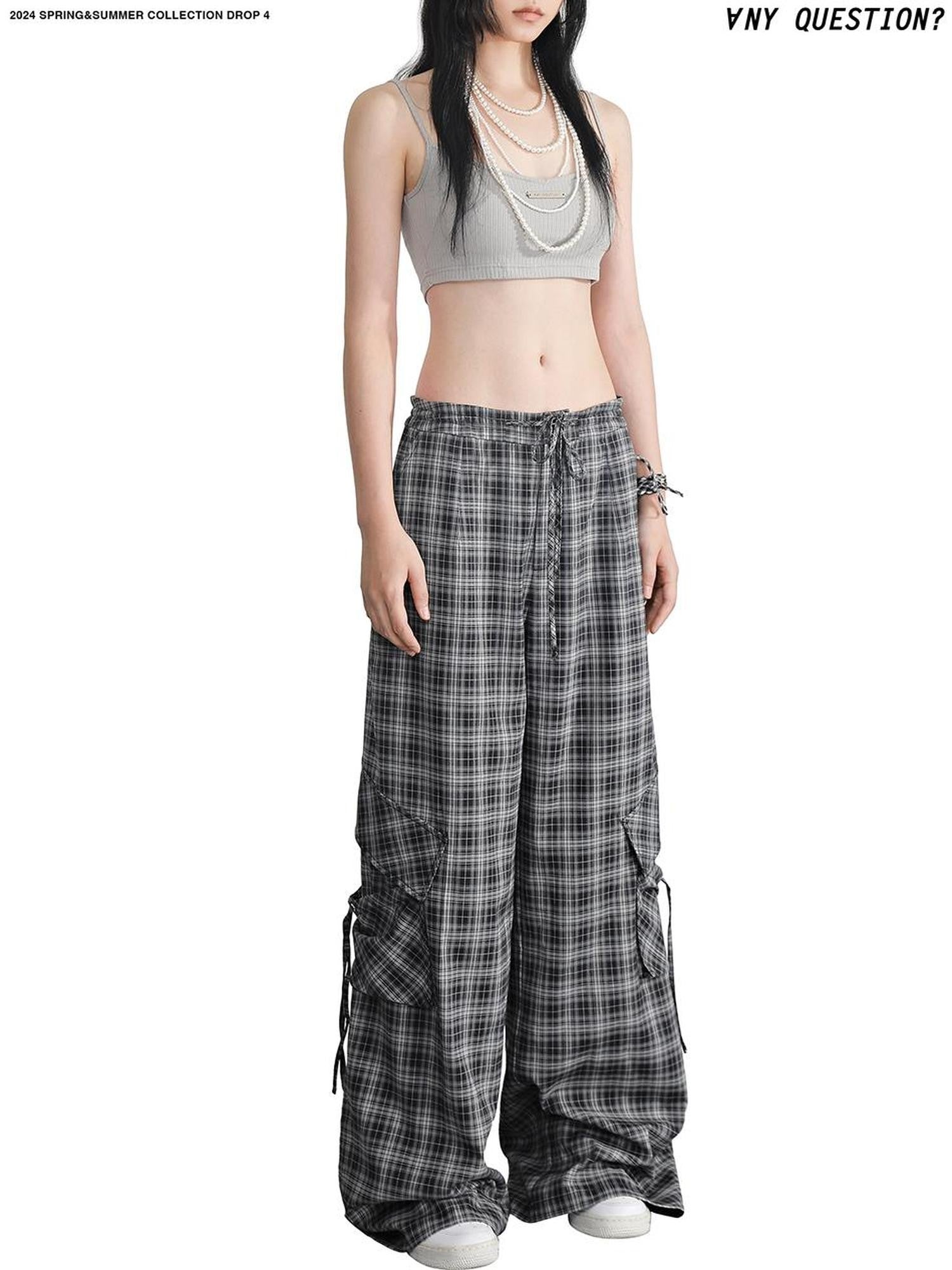 ANYQUESTION Dark Gray Plaid Low Rise Drawstring Women&