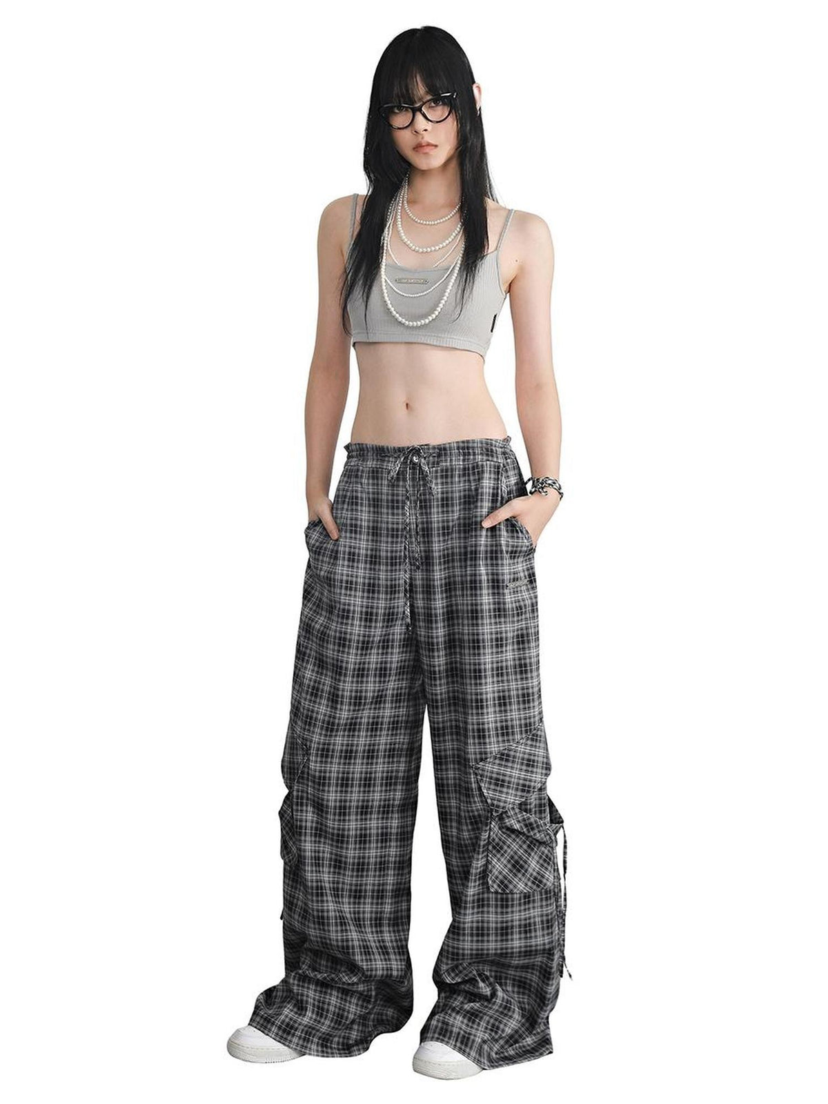 ANYQUESTION Dark Gray Plaid Low Rise Drawstring Women&