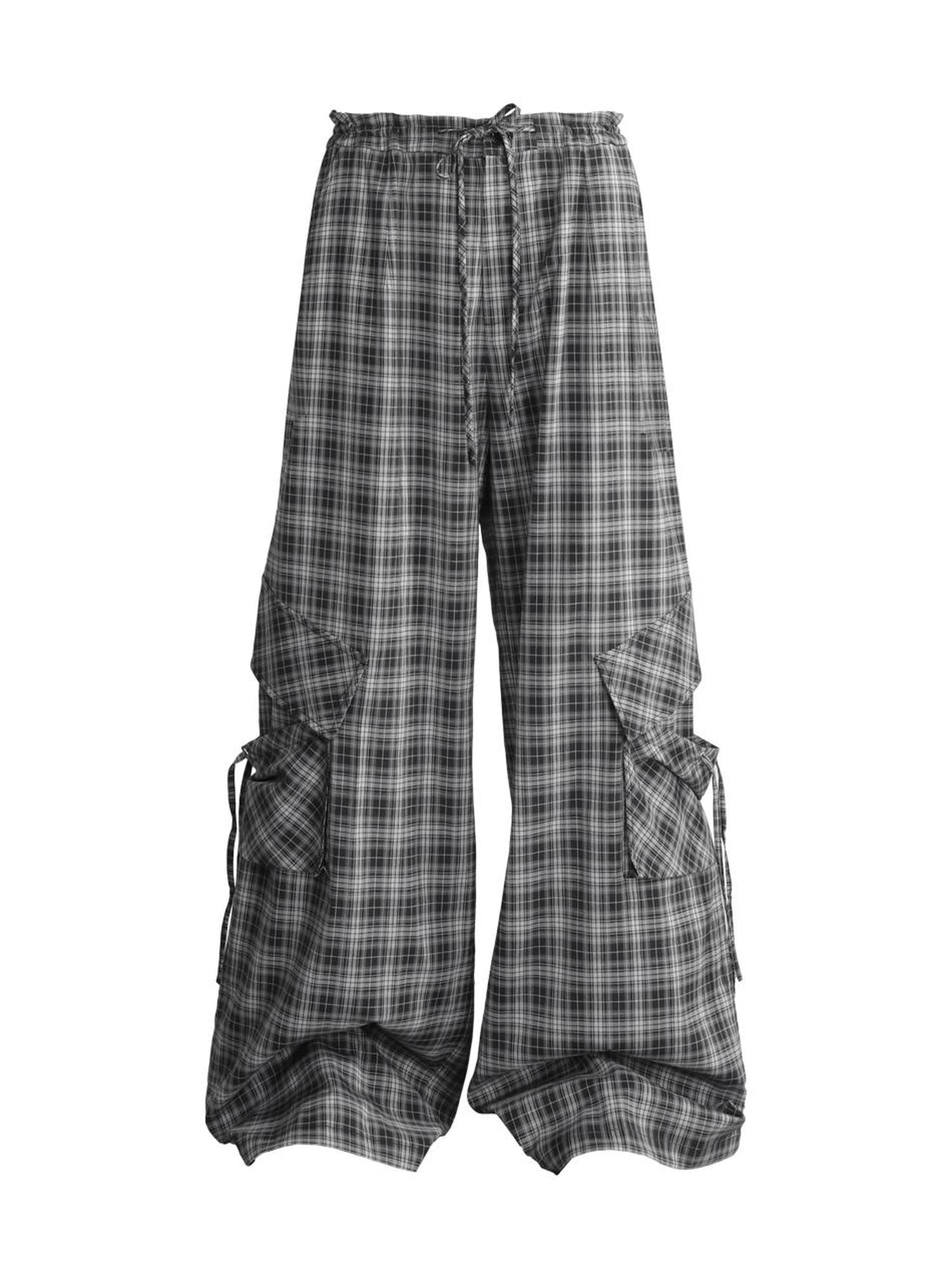 ANYQUESTION Dark Gray Plaid Low Rise Drawstring Women&