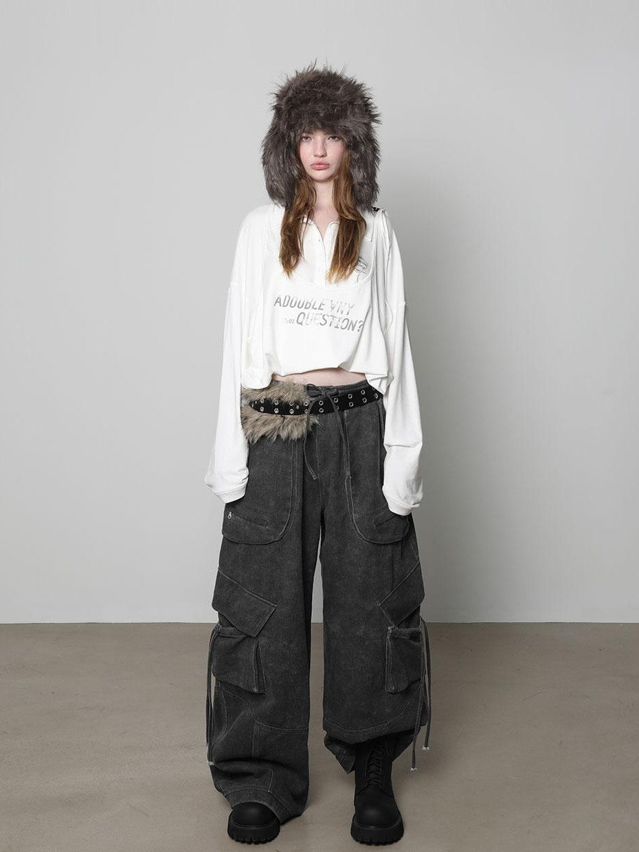 ANYQUESTION Dark Gray Washed Distressed 3d Pocket Loose Women&