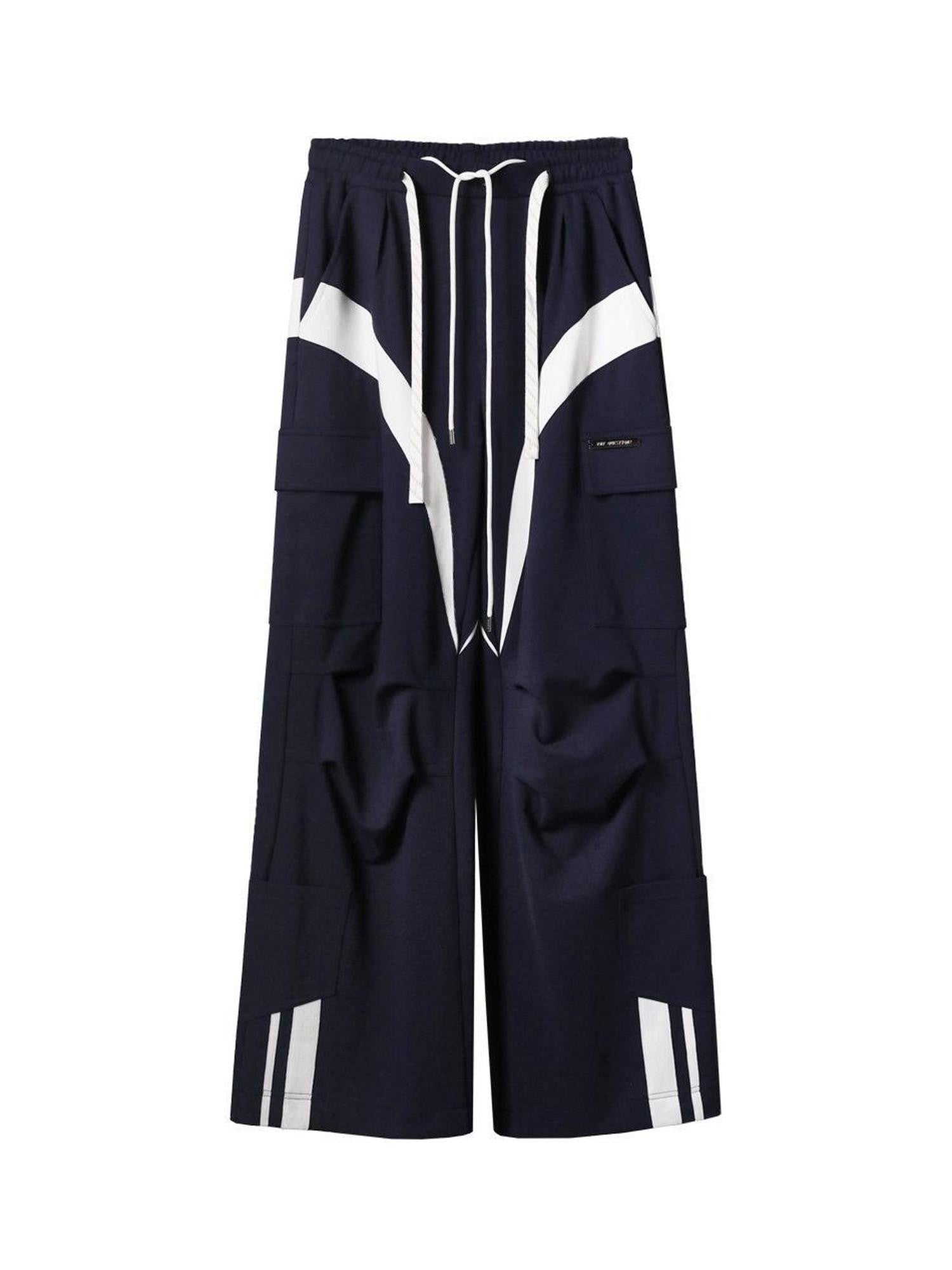 ANYQUESTION Deep Navy White Colorblock Double Waistband Wide Leg Women&