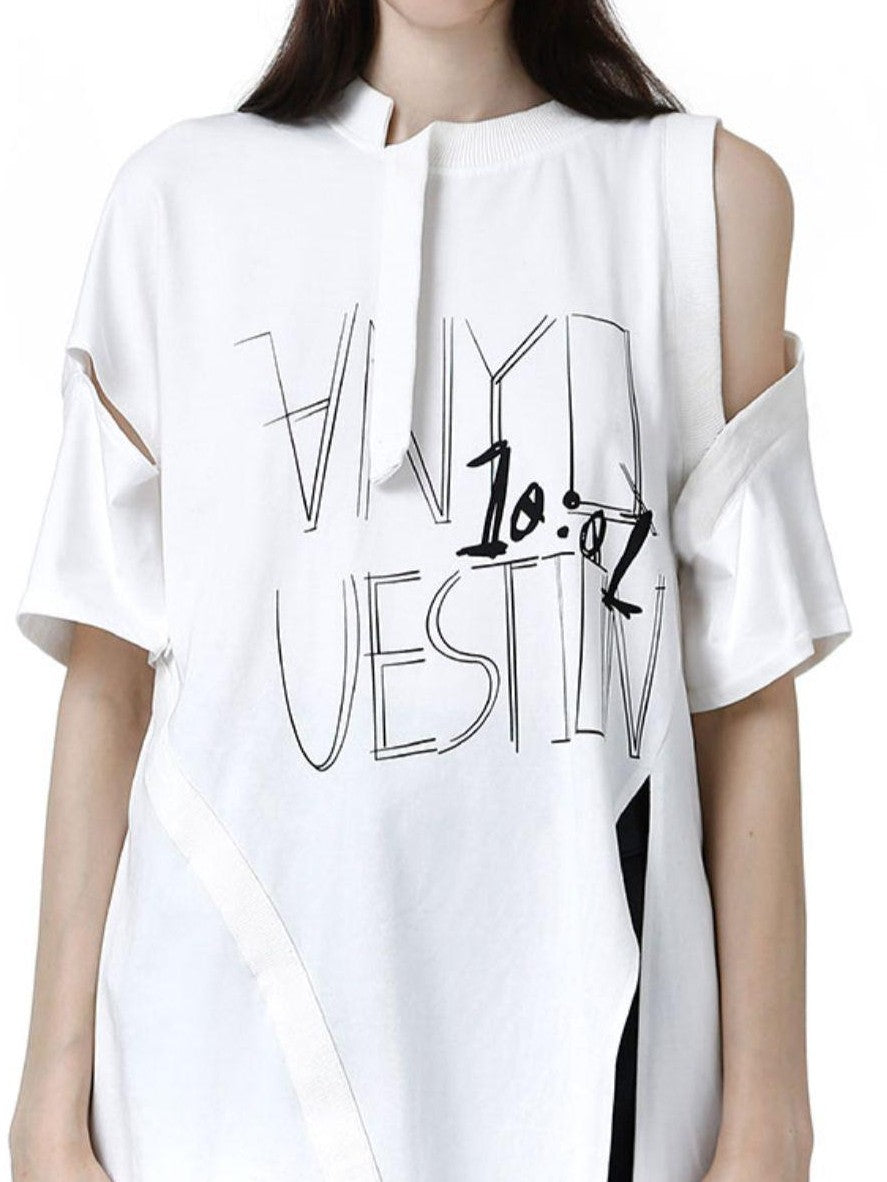 ANYQUESTION Detachable Graffiti Print Off Shoulder Women&