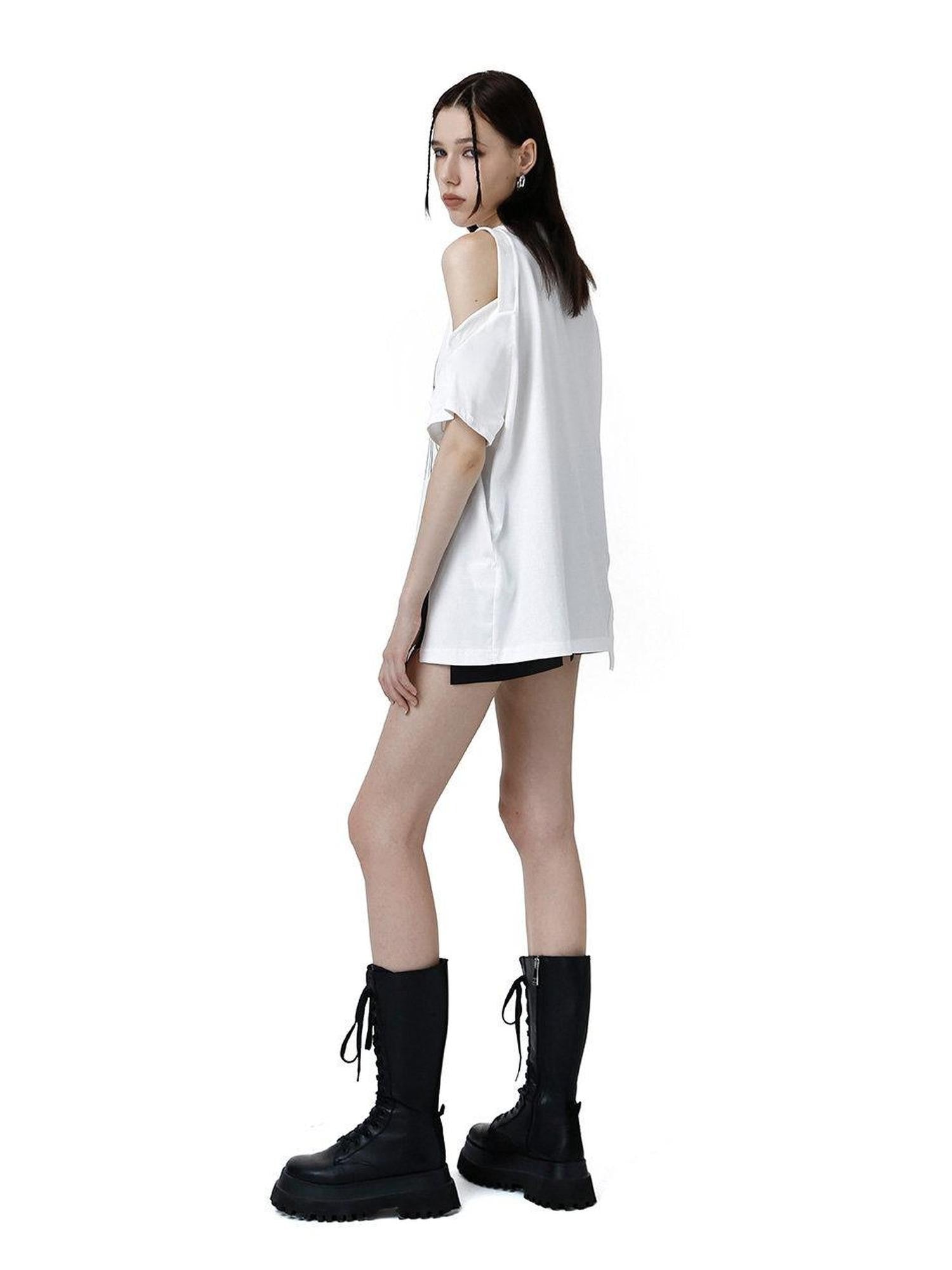 ANYQUESTION Detachable Graffiti Print Off Shoulder Women&