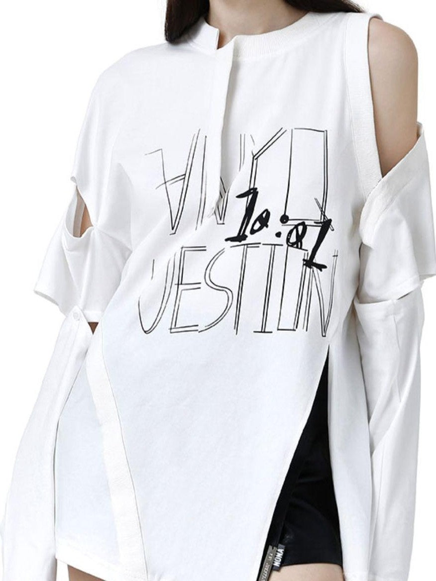 ANYQUESTION Detachable Graffiti Print Off Shoulder Women&