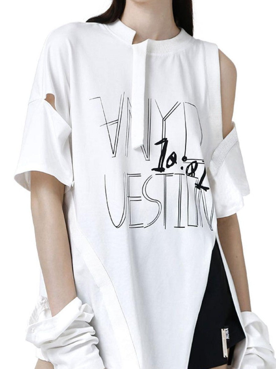 ANYQUESTION Detachable Graffiti Print Off Shoulder Women&