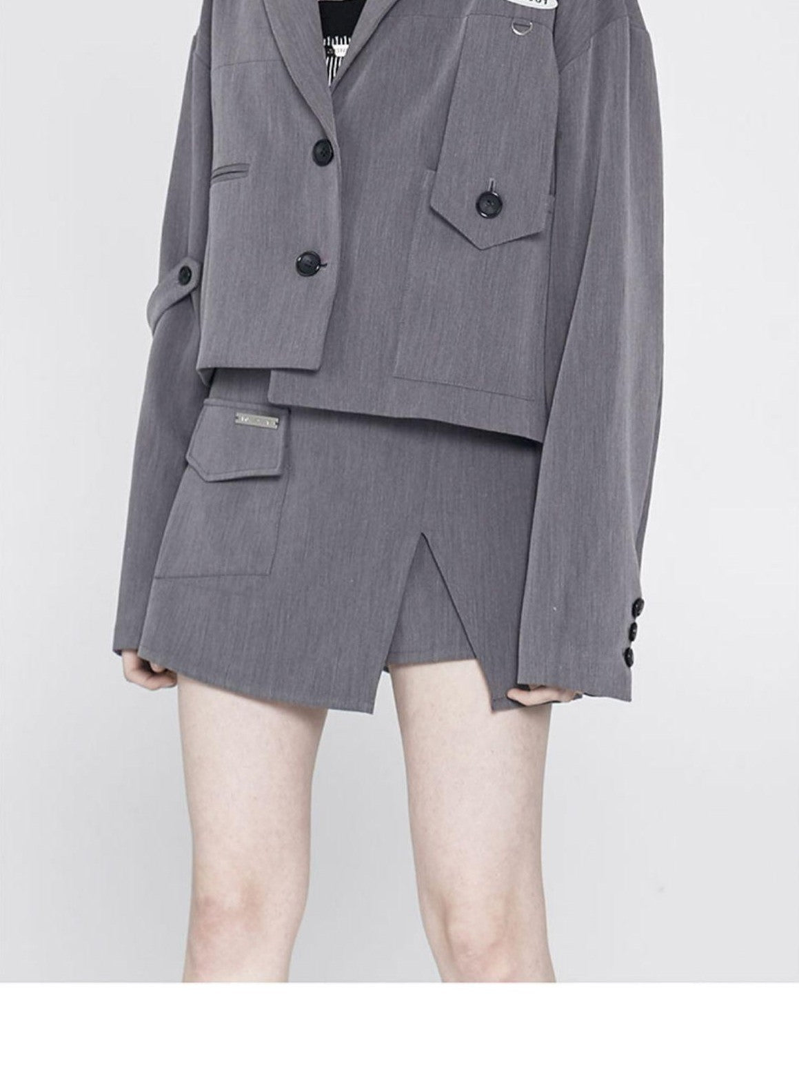 ANYQUESTION Gray Asymmetric Patch Pocket Blazer Style High Waist Mini Street Women&