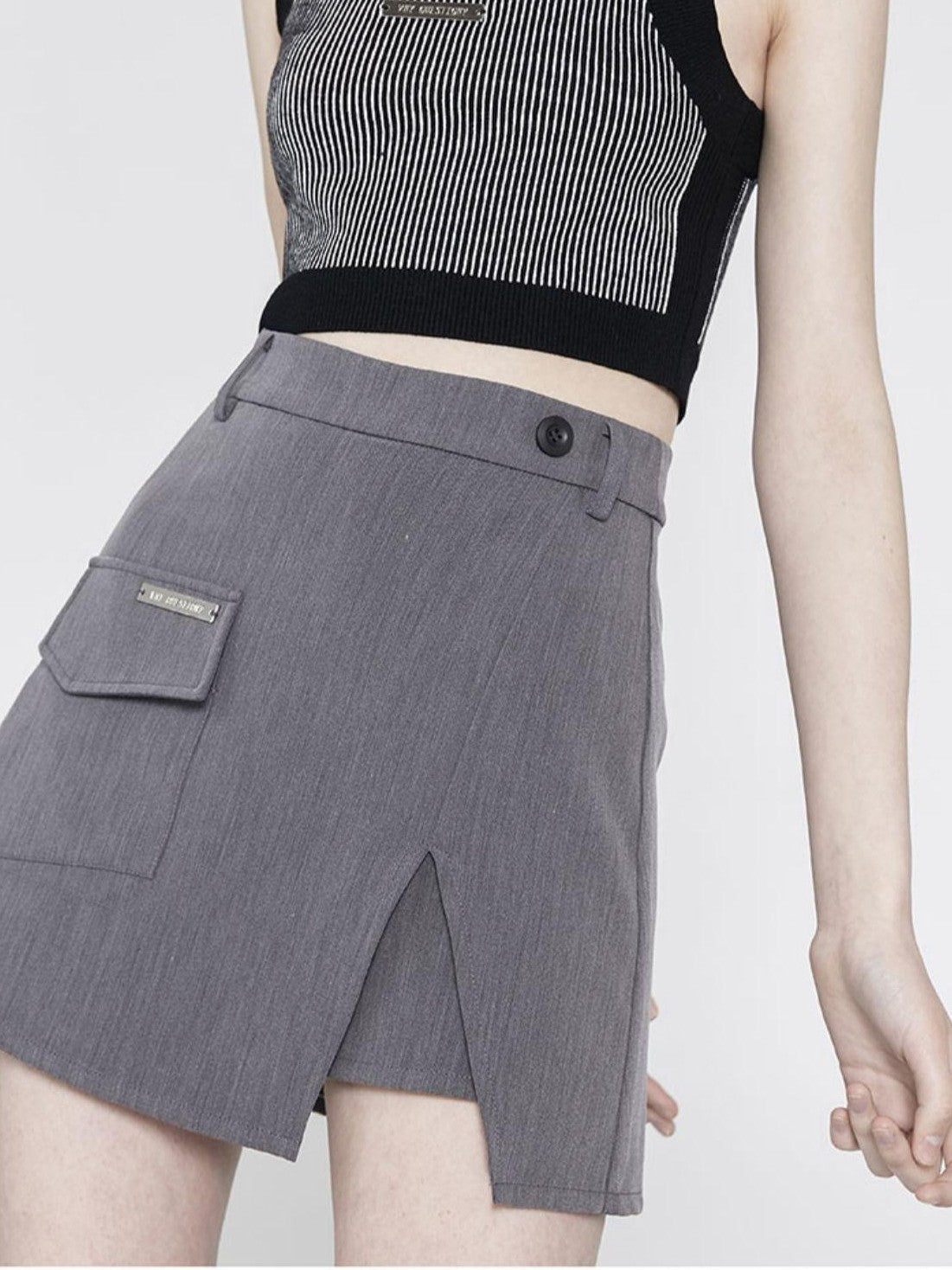 ANYQUESTION Gray Asymmetric Patch Pocket Blazer Style High Waist Mini Street Women&