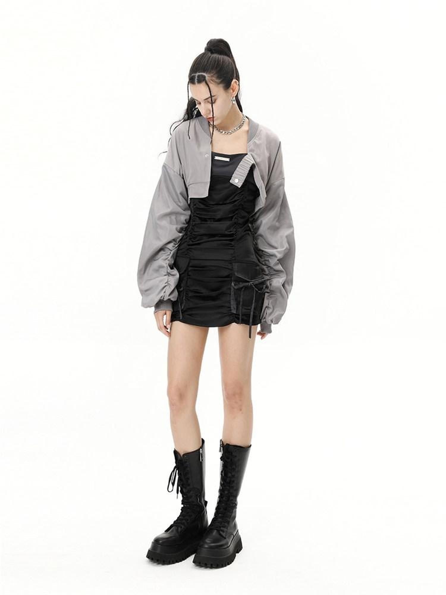 ANYQUESTION Gray Black Colorblock Ruched Cami Pockets Women&
