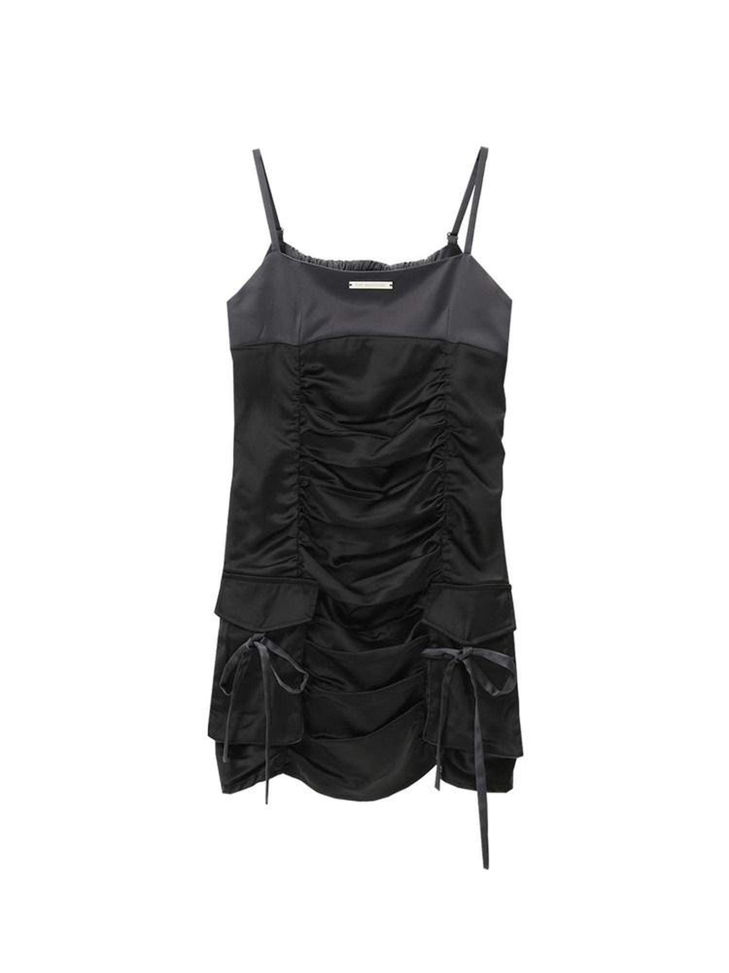 ANYQUESTION Gray Black Colorblock Ruched Cami Pockets Women&