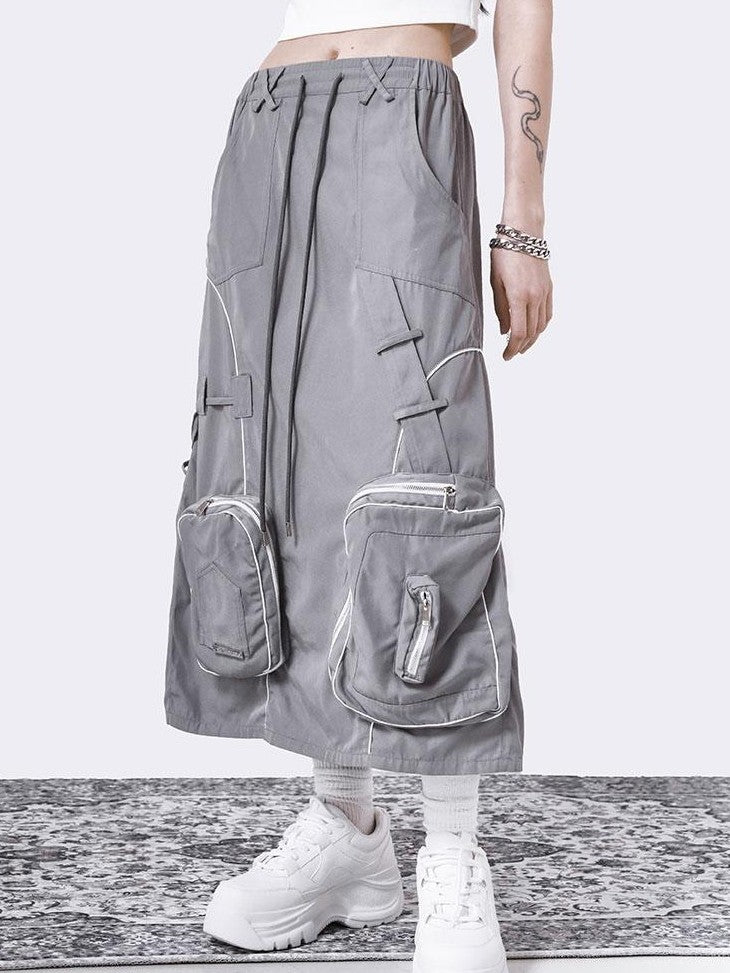 ANYQUESTION Gray Utility Elastic Waist Back Slit 3d Patch Pocket Women&