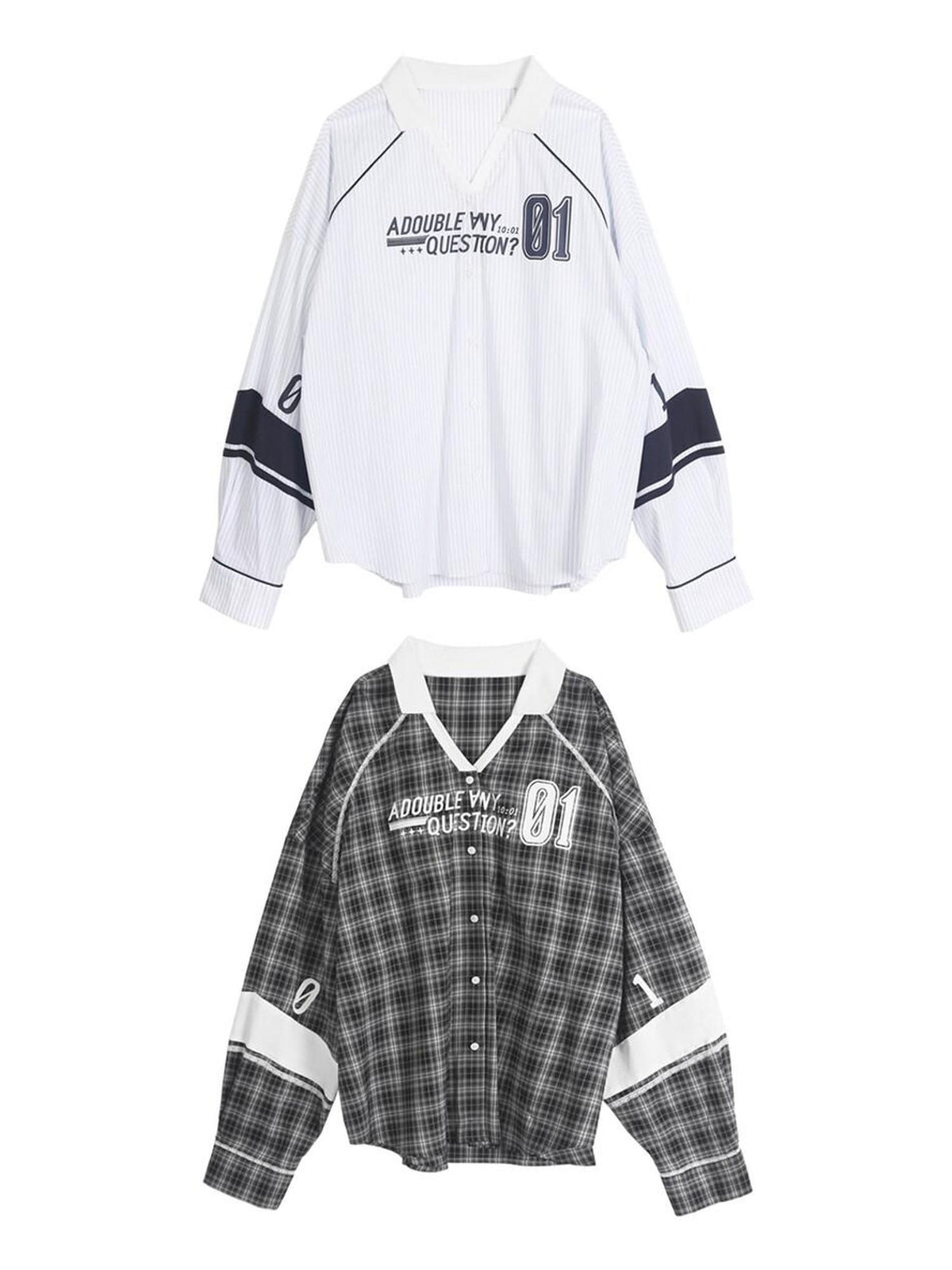 ANYQUESTION Gray White Check White Blue Stripe Logo Print Loose Casual Women&
