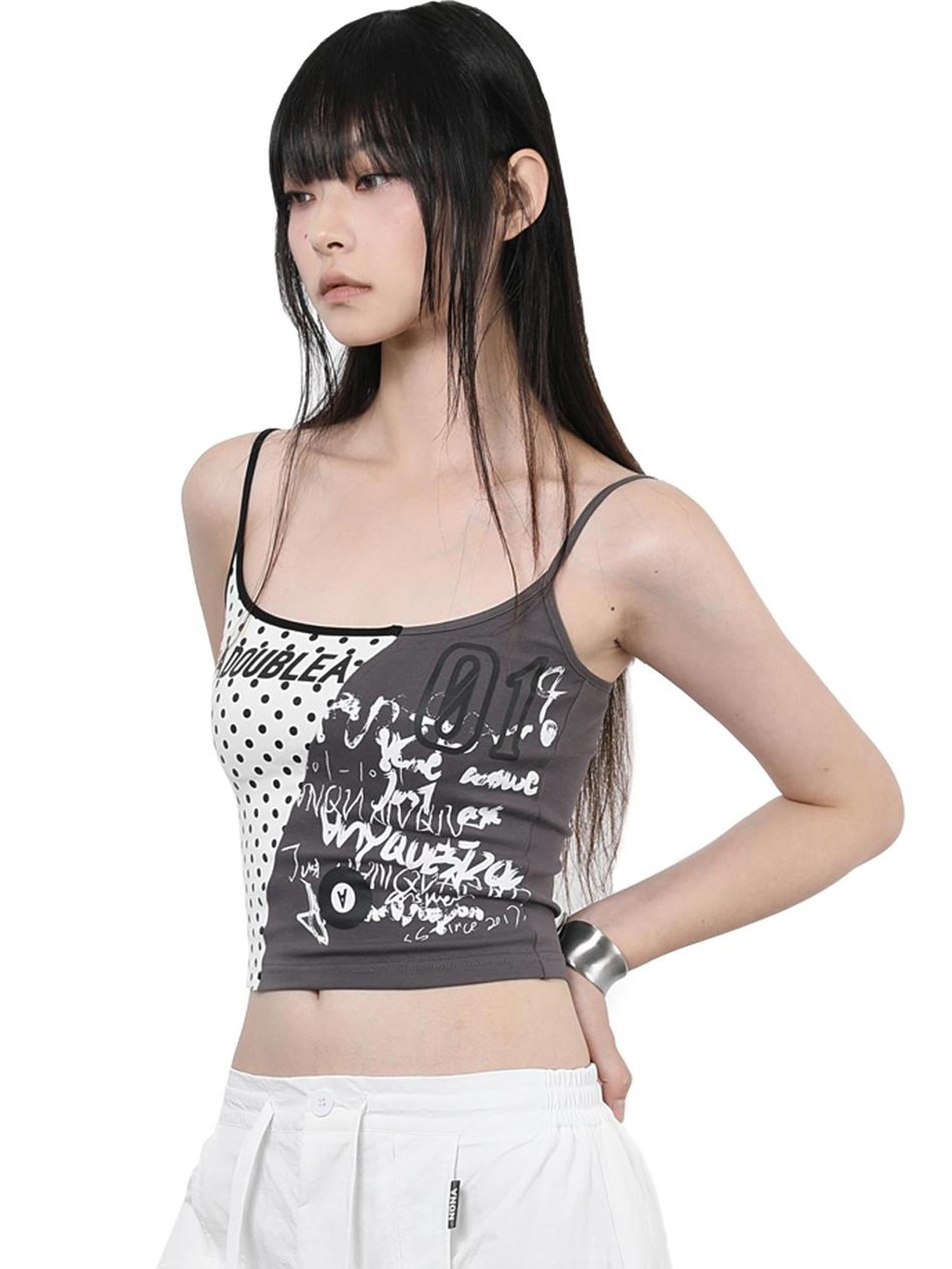 ANYQUESTION Gray White Patchwork Polka Dot Graffiti Halter Women&