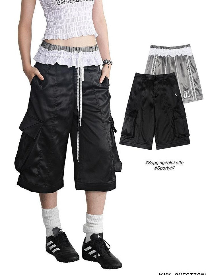 ANYQUESTION Grey White Two Tone Ruffle Hem Elastic Waist Women&