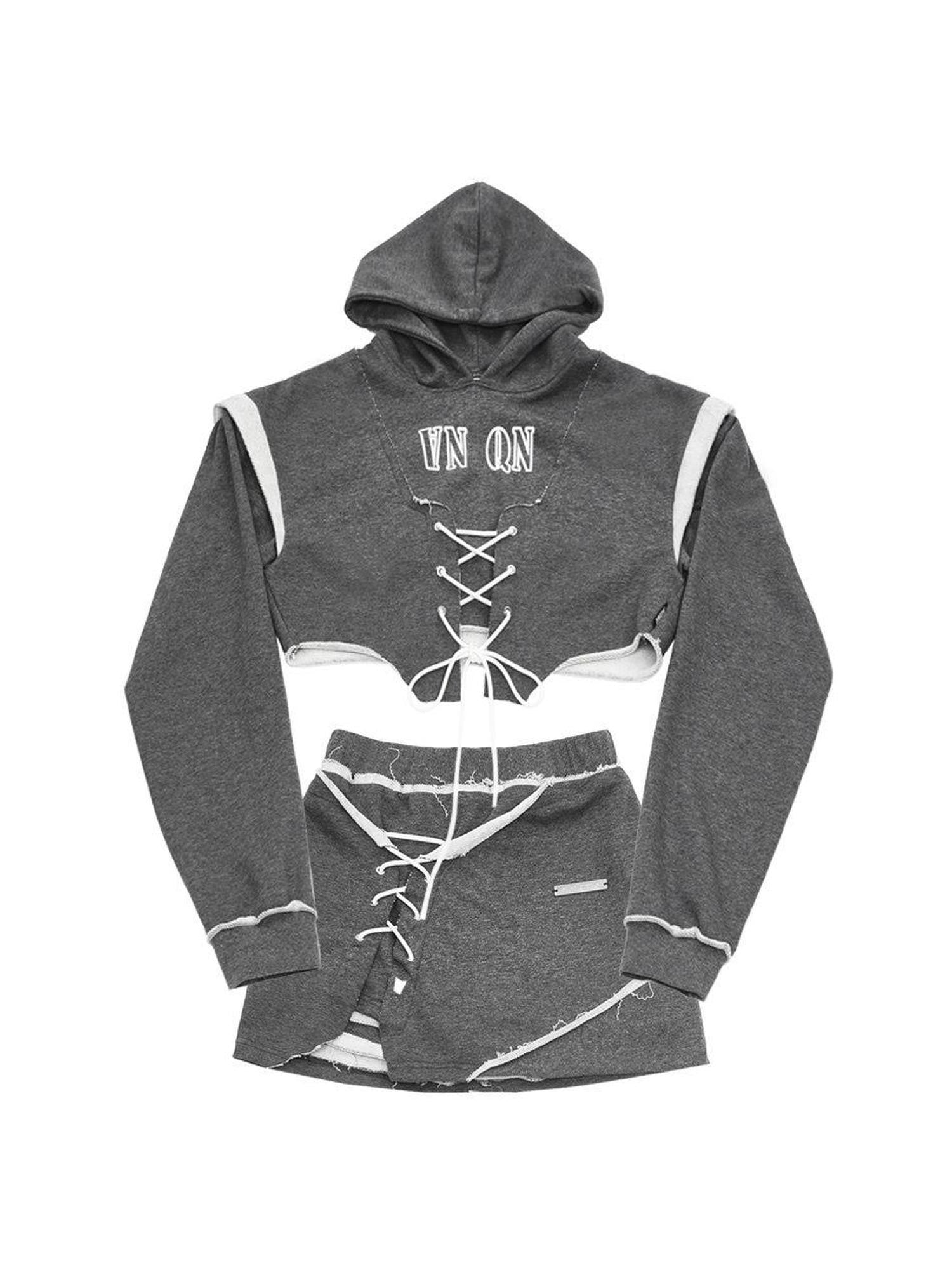 ANYQUESTION Heather Gray Printed Frayed Edge Tie Hooded Women&