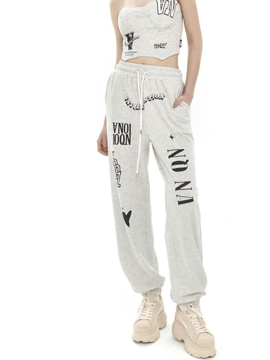 ANYQUESTION Light Heather Gray Letter Graffiti Print Cuffed Women&