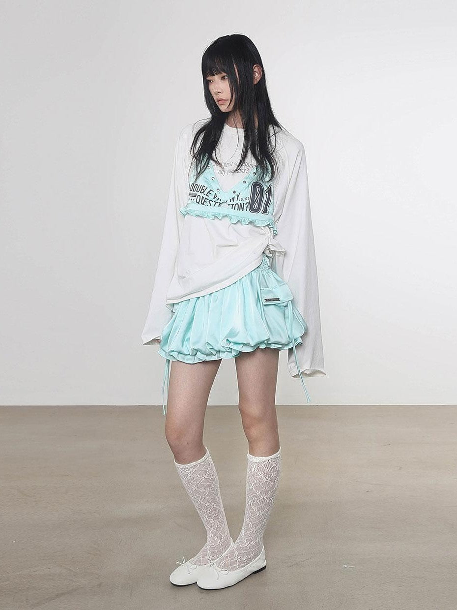 ANYQUESTION Mint Green Black White Low Waist Pocket Bubble Skirt Women&