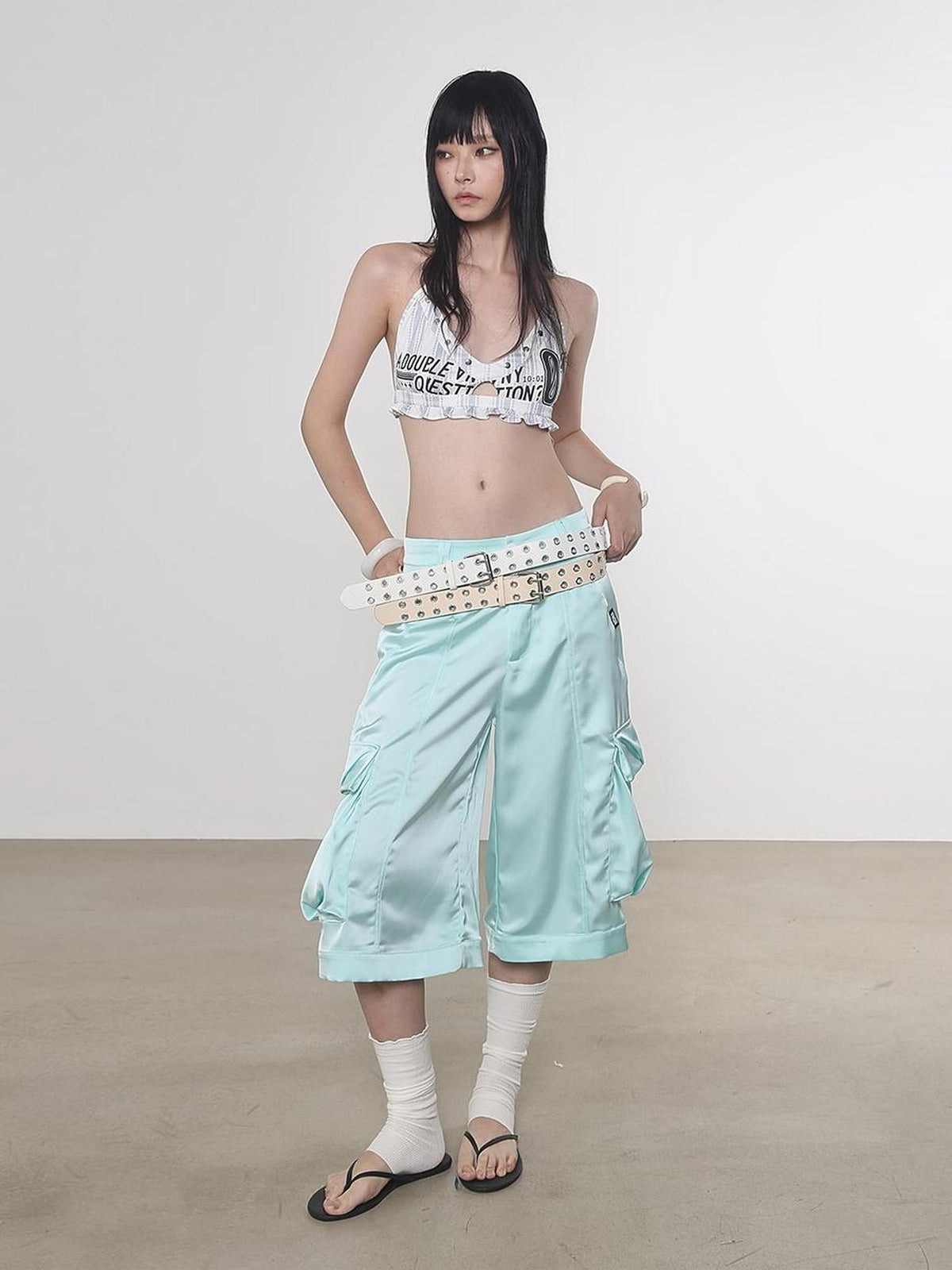 ANYQUESTION Mint Green Silky Loose Casual Mid Low Waist Women&