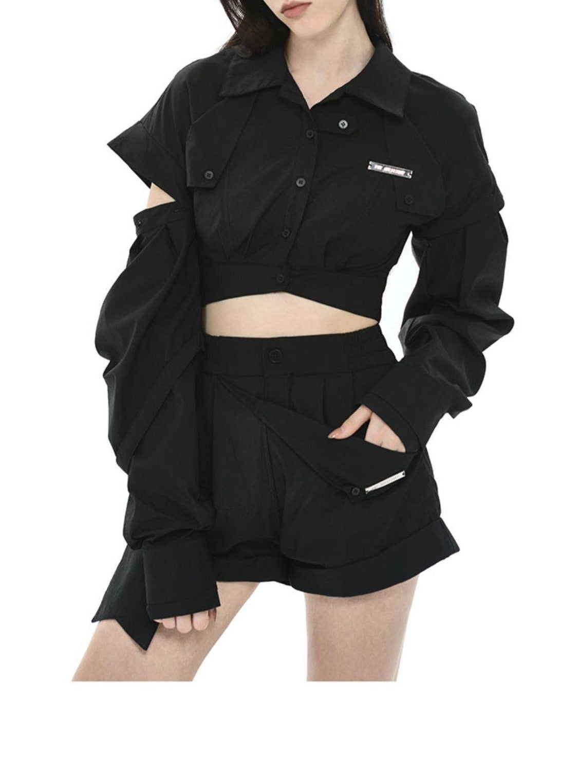 Monochrome Pleated Removable Sleeves Women&