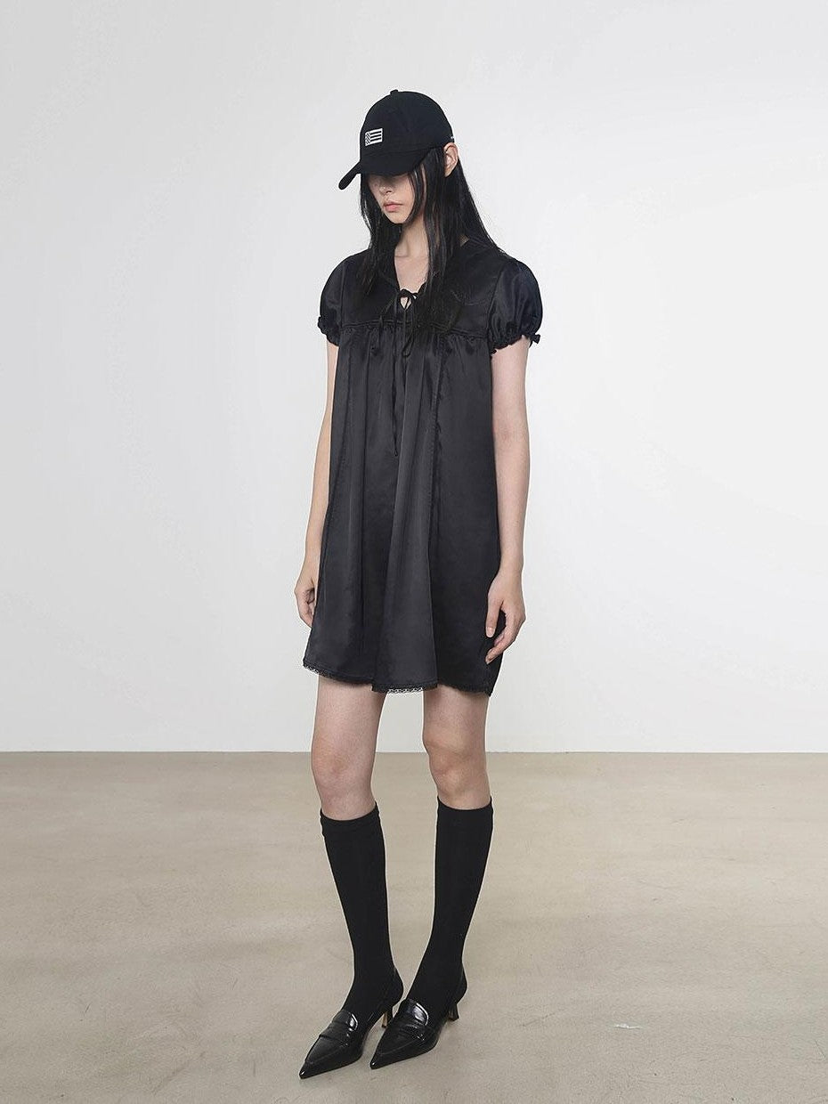 Multi Color Doll Collar V-neck Tie Front Short Sleeve Women&