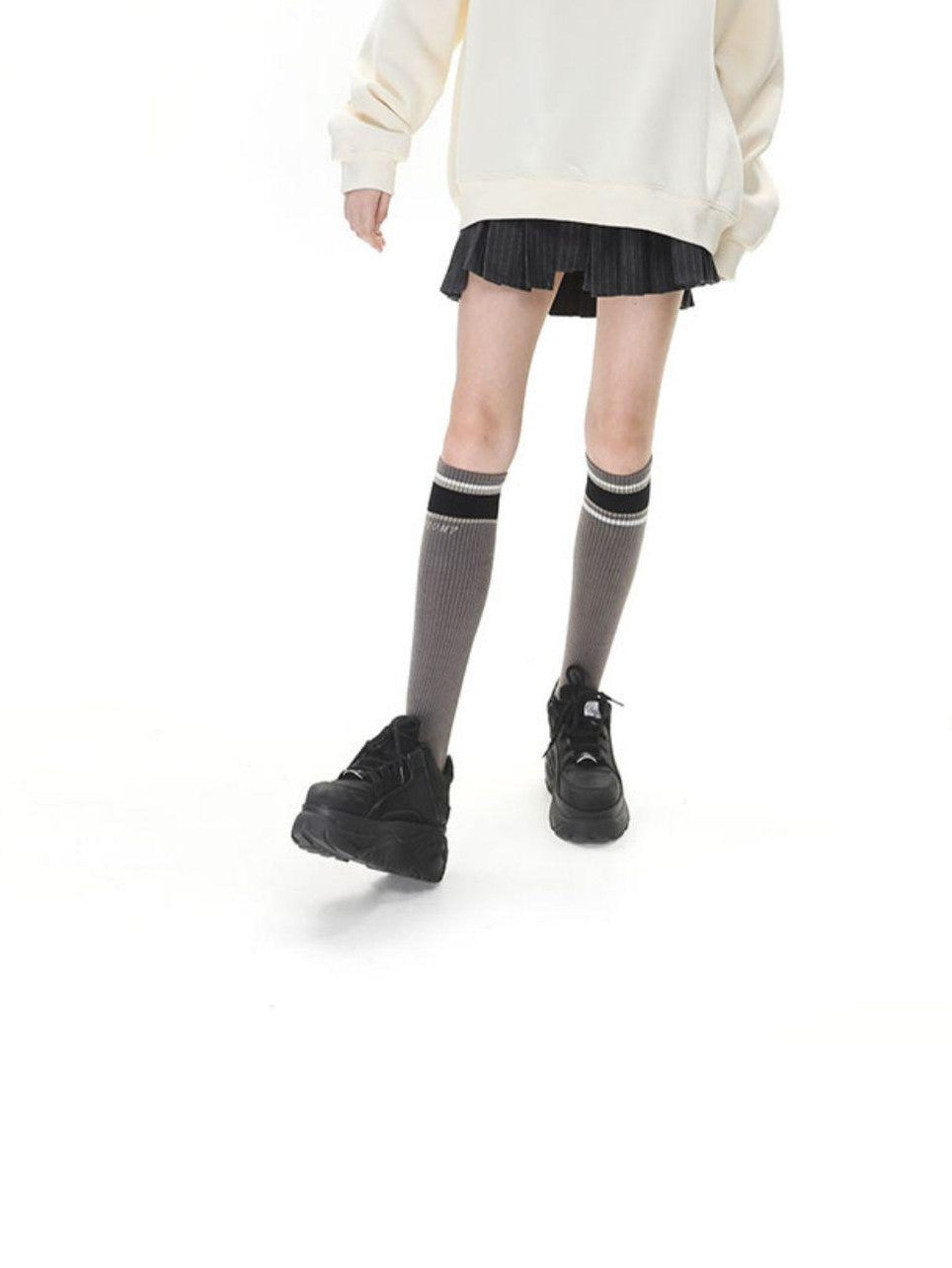 ANYQUESTION Muted Brown Gray Striped Ribbed Preppy Textured Women&