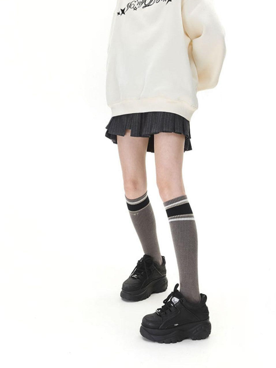ANYQUESTION Muted Brown Gray Striped Ribbed Preppy Textured Women&