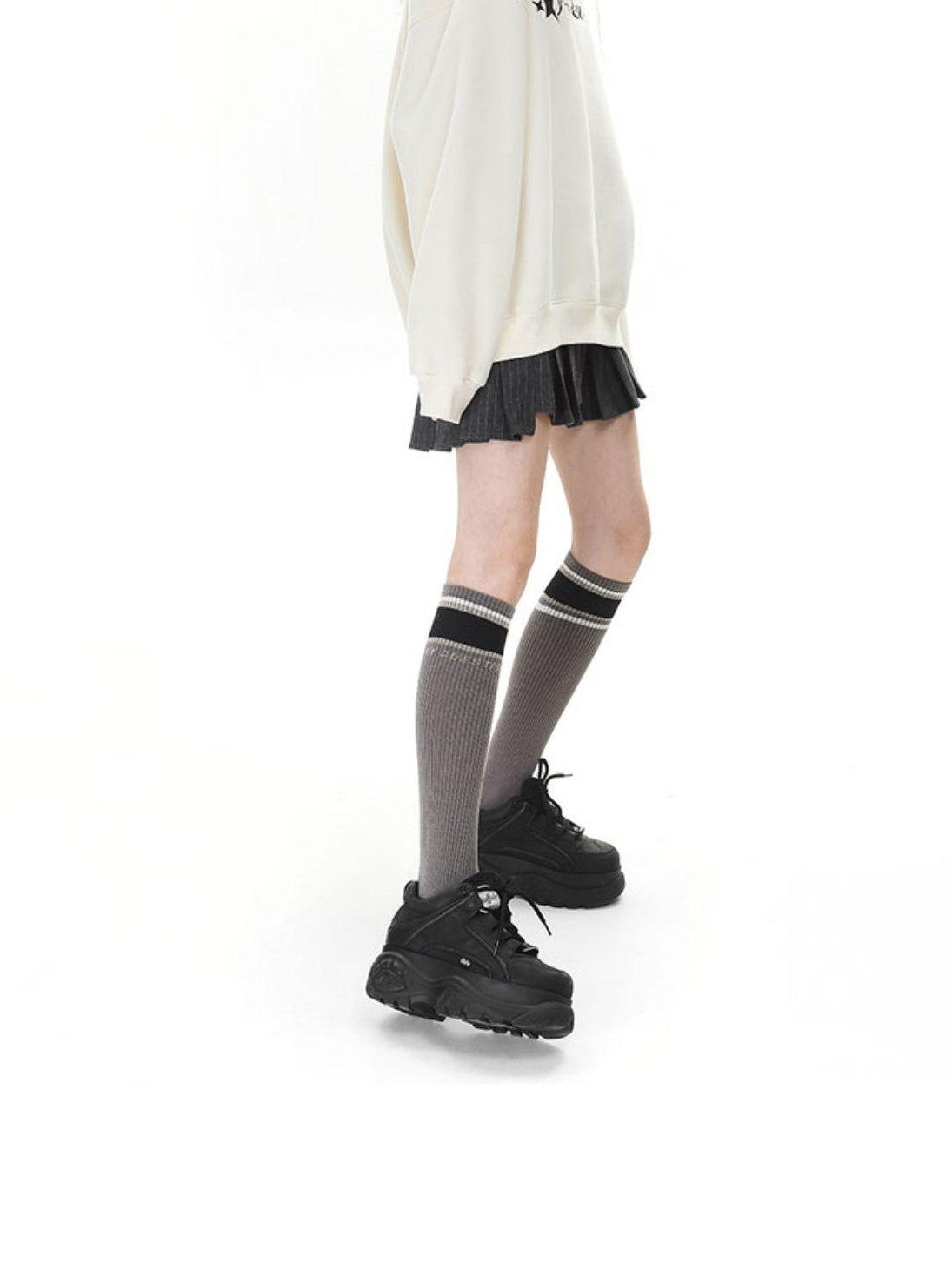 ANYQUESTION Muted Brown Gray Striped Ribbed Preppy Textured Women&