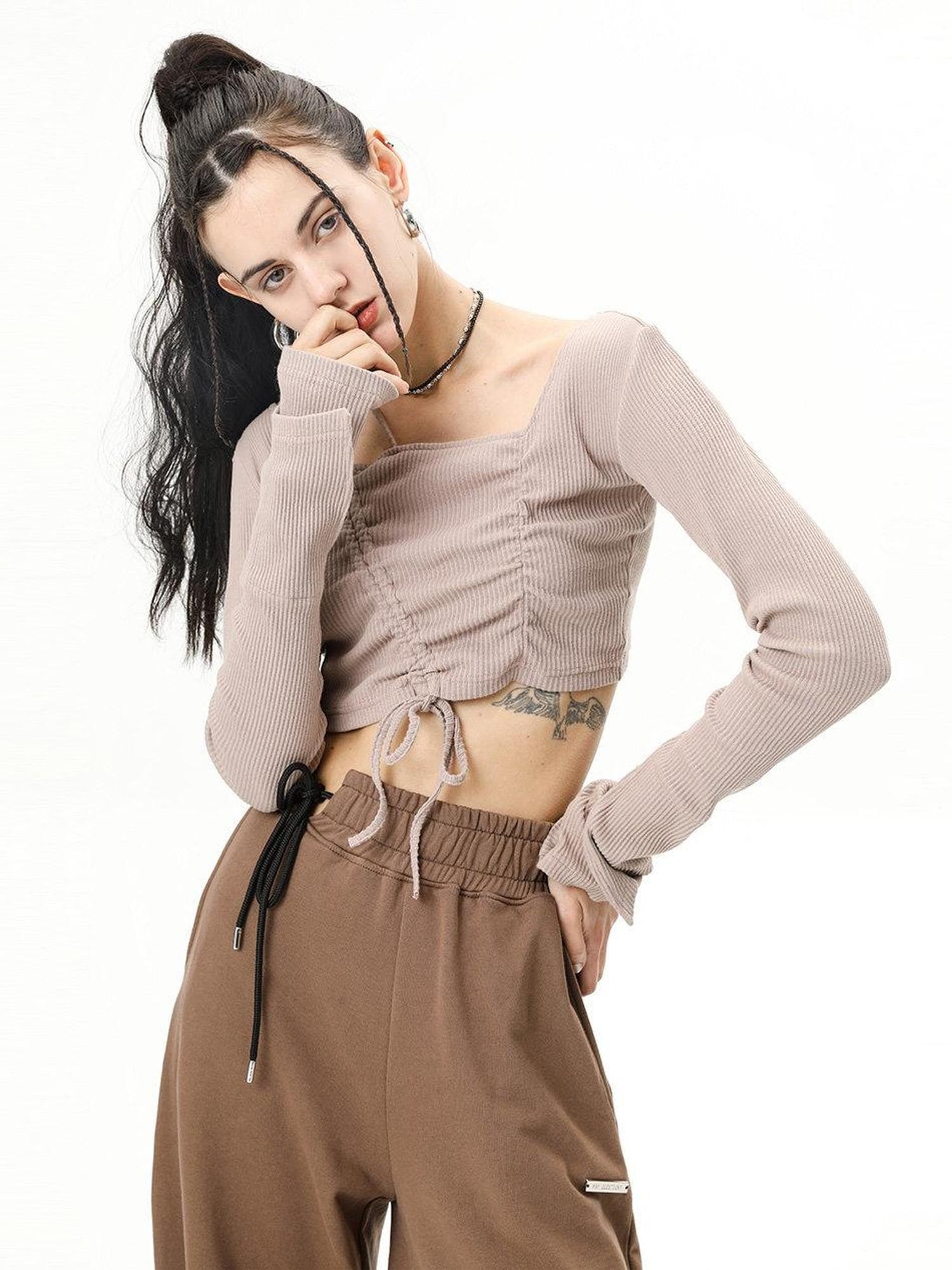ANYQUESTION Oatmeal Ribbed Drawstring Bell Sleeve Women&