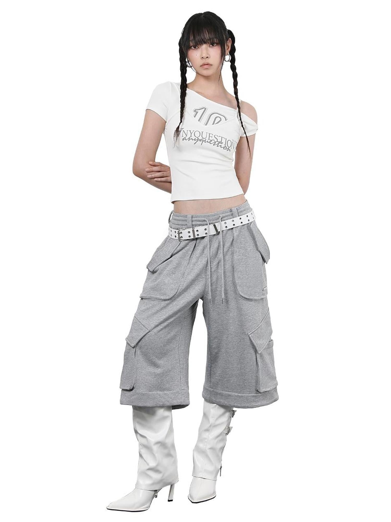 ANYQUESTION Spliced Faux Halter Twisted Crop Letter Women&